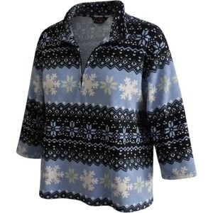 Oleg Cassini Fleece Pullover Women 2X Blue Fair Isle Snowflake Winter Cabin, Y2K